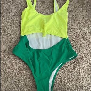 Neon Yellow and Emerald Green One-Piece Swimsuit